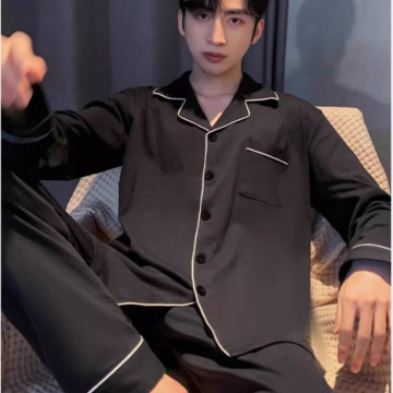 男士睡衣长袖纯棉春秋四季款新款纯色男生夏天全棉家居服套装