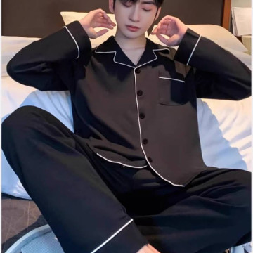 男士睡衣长袖纯棉春秋四季款新款纯色男生夏天全棉家居服套装