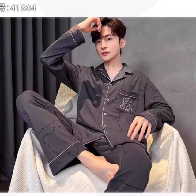 男士睡衣长袖纯棉春秋四季款新款纯色男生夏天全棉家居服套装