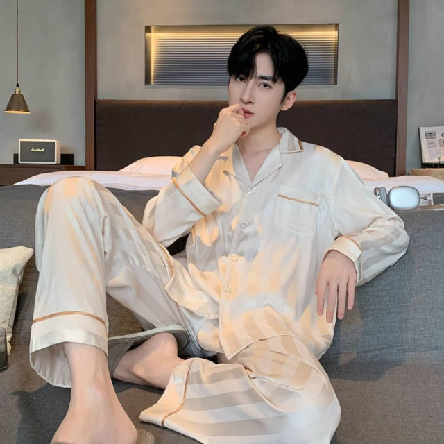 新款冰丝睡衣男春秋薄款大码宽松长袖家居服仿真丝绸夏季套装