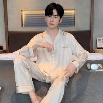 新款冰丝睡衣男春秋薄款大码宽松长袖家居服仿真丝绸夏季套装
