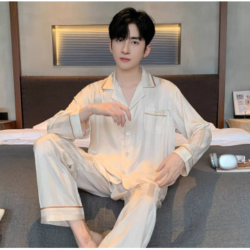 新款冰丝睡衣男春秋薄款大码宽松长袖家居服仿真丝绸夏季套装