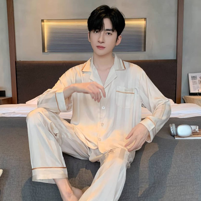 新款冰丝睡衣男春秋薄款大码宽松长袖家居服仿真丝绸夏季套装