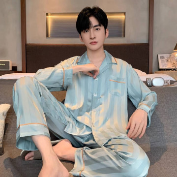 新款冰丝睡衣男春秋薄款大码宽松长袖家居服仿真丝绸夏季套装