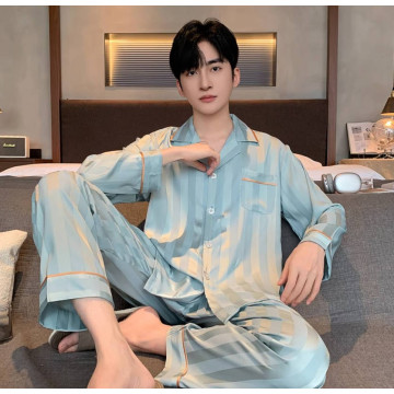 新款冰丝睡衣男春秋薄款大码宽松长袖家居服仿真丝绸夏季套装