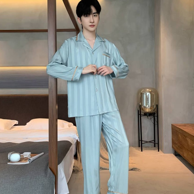 新款冰丝睡衣男春秋薄款大码宽松长袖家居服仿真丝绸夏季套装