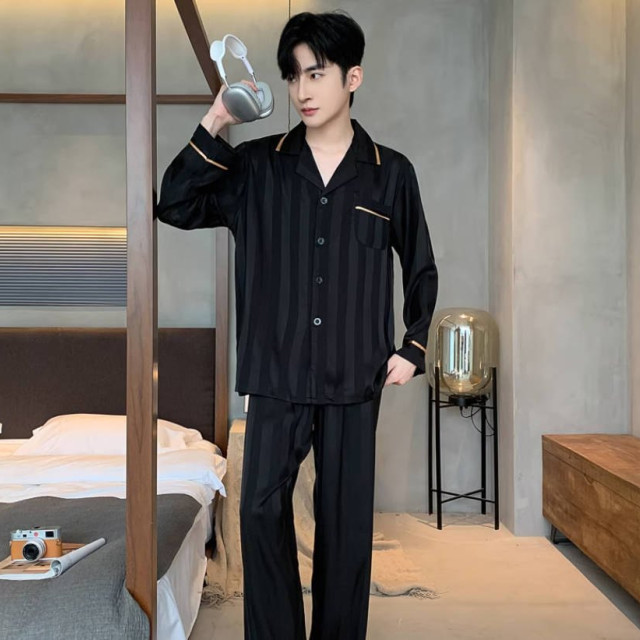 新款冰丝睡衣男春秋薄款大码宽松长袖家居服仿真丝绸夏季套装