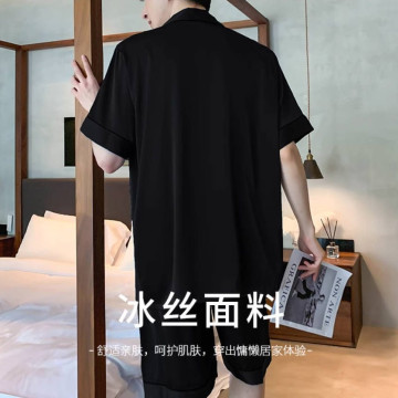 睡衣男士夏季冰丝短袖薄款夏天黑色仿真丝绸夏款可外穿家居服套装