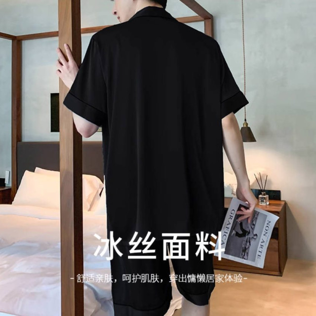 睡衣男士夏季冰丝短袖薄款夏天黑色仿真丝绸夏款可外穿家居服套装