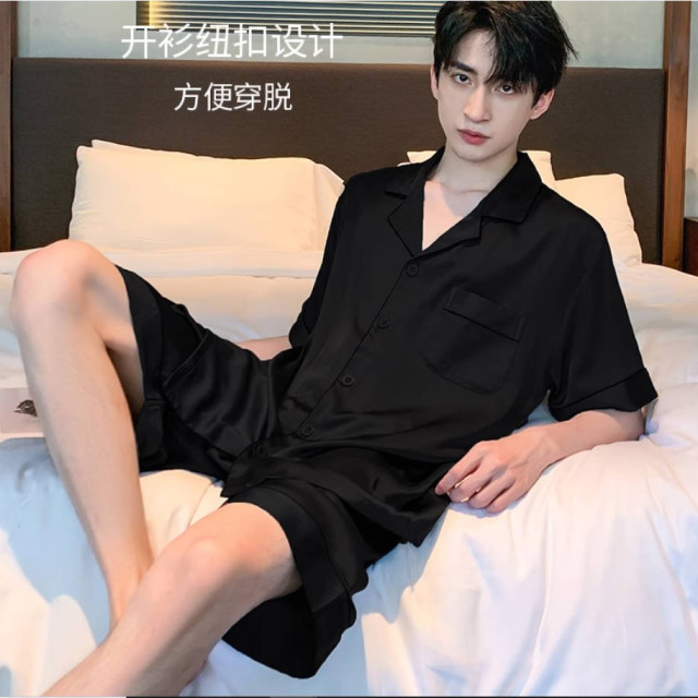 睡衣男士夏季冰丝短袖薄款夏天黑色仿真丝绸夏款可外穿家居服套装