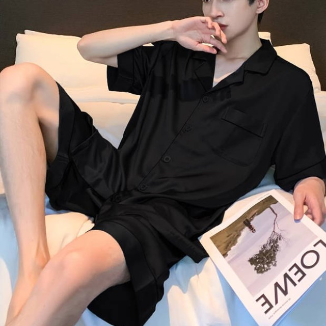 睡衣男士夏季冰丝短袖薄款夏天黑色仿真丝绸夏款可外穿家居服套装