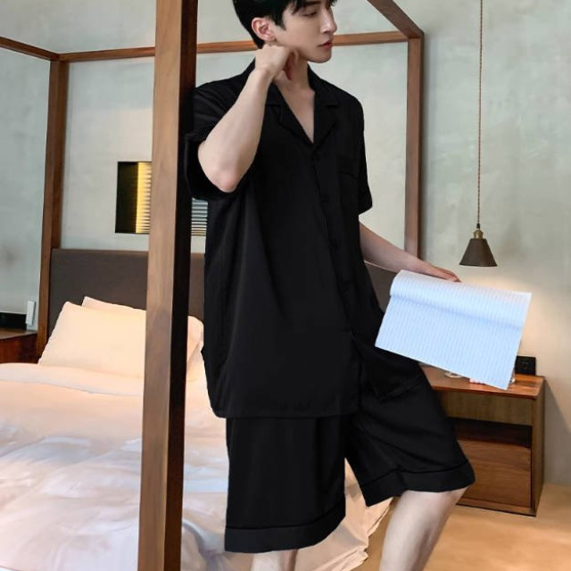 睡衣男士夏季冰丝短袖薄款夏天黑色仿真丝绸夏款可外穿家居服套装