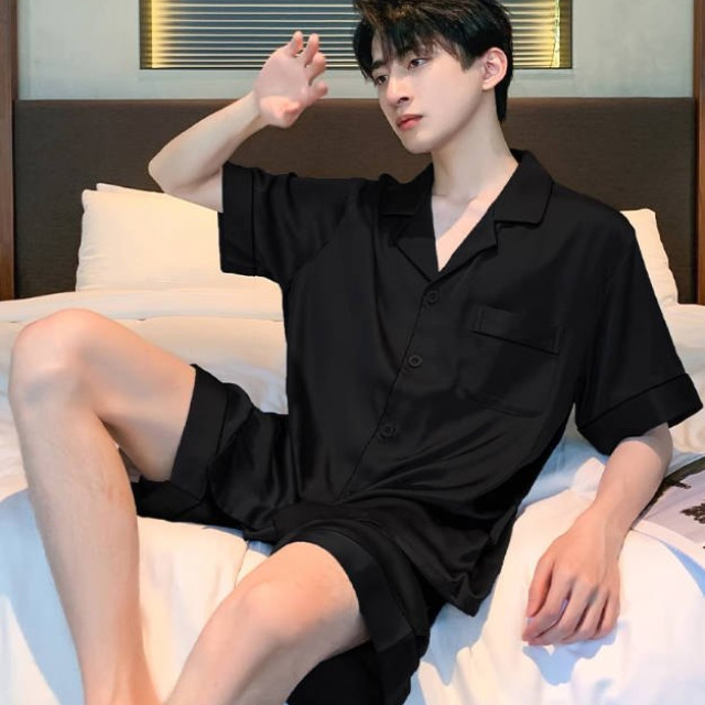 睡衣男士夏季冰丝短袖薄款夏天黑色仿真丝绸夏款可外穿家居服套装