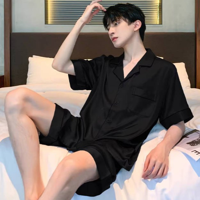 睡衣男士夏季冰丝短袖薄款夏天黑色仿真丝绸夏款可外穿家居服套装