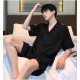 睡衣男士夏季冰丝短袖薄款夏天黑色仿真丝绸夏款可外穿家居服套装