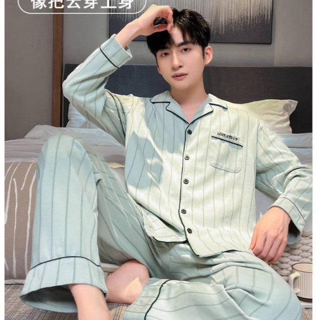 睡衣男款男士春秋款新款纯棉长袖春秋季青少年清绿家居服套装