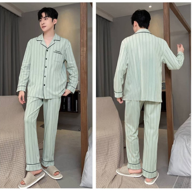 睡衣男款男士春秋款新款纯棉长袖春秋季青少年清绿家居服套装