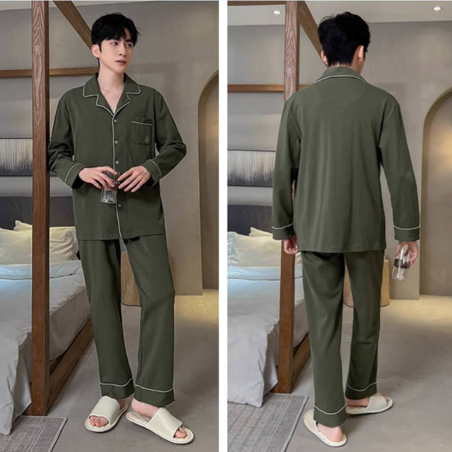 睡衣男款男士春秋款新款纯棉长袖春秋季青少年清绿家居服套装