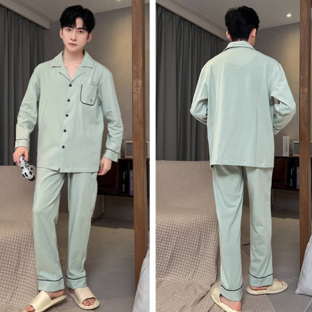 睡衣男款男士春秋款新款纯棉长袖春秋季青少年清绿家居服套装