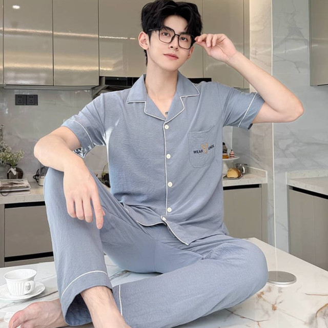 新款纯棉纱布睡衣男士夏季三件套装高级感大码短袖外穿家居服