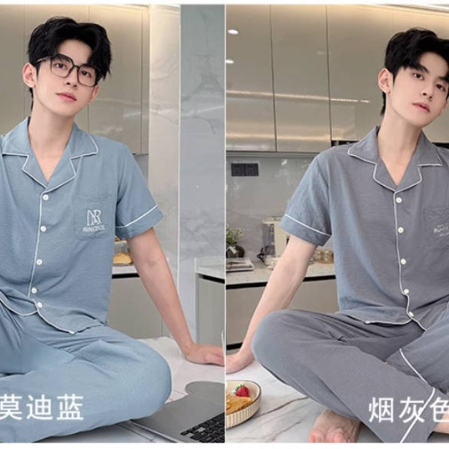 新款纯棉纱布睡衣男士夏季三件套装高级感大码短袖外穿家居服