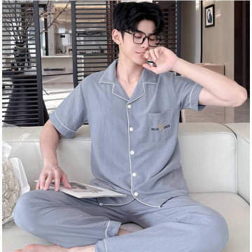 新款纯棉纱布睡衣男士夏季三件套装高级感大码短袖外穿家居服