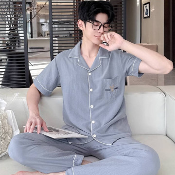 新款纯棉纱布睡衣男士夏季三件套装高级感大码短袖外穿家居服