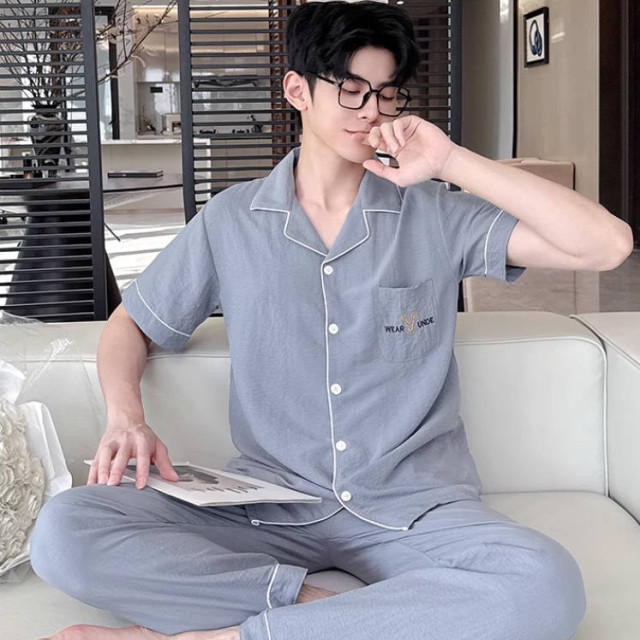 新款纯棉纱布睡衣男士夏季三件套装高级感大码短袖外穿家居服