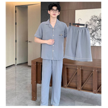 新款纯棉纱布睡衣男士夏季三件套装高级感大码短袖外穿家居服