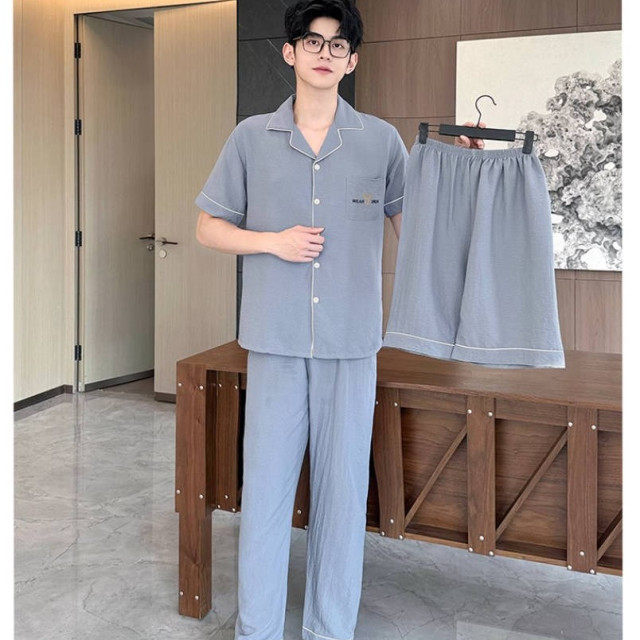 新款纯棉纱布睡衣男士夏季三件套装高级感大码短袖外穿家居服