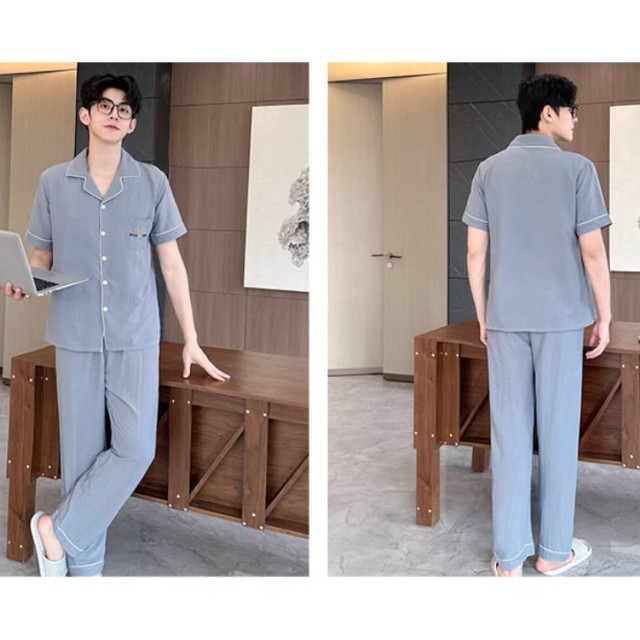 新款纯棉纱布睡衣男士夏季三件套装高级感大码短袖外穿家居服