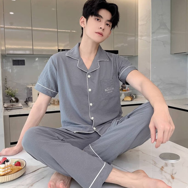 新款纯棉纱布睡衣男士夏季三件套装高级感大码短袖外穿家居服