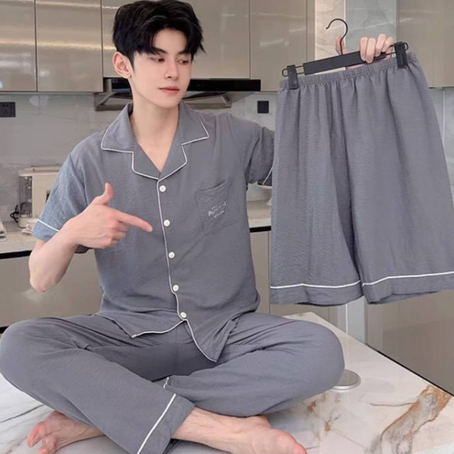 新款纯棉纱布睡衣男士夏季三件套装高级感大码短袖外穿家居服